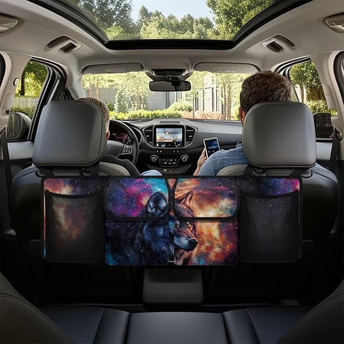 Wolf Galaxy Car Trunk Organizer with 4 Pockets Hanging Car Backseat Storage Bag Multipurpose Adjustable Car Interior Accessories for SUV Pickup Truck Van
