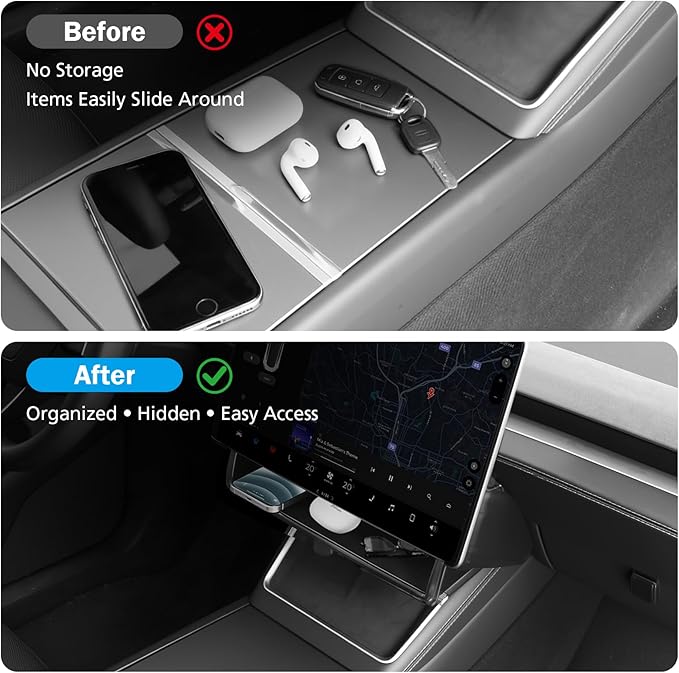 Under Screen Storage Organizer for Tesla Model 3 Highland 2024-2026 & Model Y Juniper 2026, Hiddenable Privacy Storage Box for Model Y Juniper & Model 3 Highland Accessories