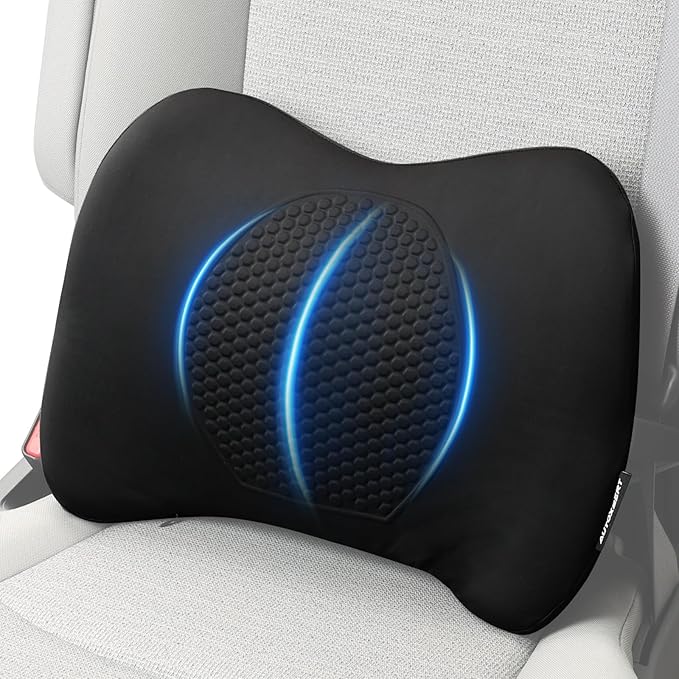 XUKEY Lumbar Support Pillow for Car, Memory Foam and TPE Gel Lumbar Pillow for Lower Back Pain Relief,Back Cushion for Driving Chair Support for Car Office Chair Wheelchair (Black)