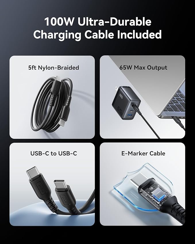 INIU 65W USB C Charger Block, 3-Port GaN Fast Charging Adapter with 100W Cable & Advanced Protection, Foldable Travel Charger for iPhone 17 16 15 Pro Max, iPad, Samsung S26 S25 Ultra, Pixel 10 9 etc