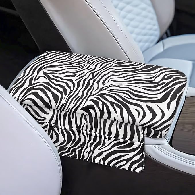 Car Center Console Cover with Storage Bag, Zebra Print Non-Slip Armrest Seat Box Cover Protector, Universal Car Decor Accessories Fit for Most Cars, Vehicles, SUVs