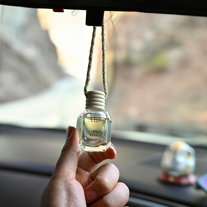 Llum Wild Berries Hanging Car Air Freshener – Luxury Automotive Perfume Diffuser 10ml (0.34 fl oz), Long-Lasting Fragrance, Alcohol-Free Non-Toxic Scent, Glass Bottle With Wood Cap & AC Vent Clip