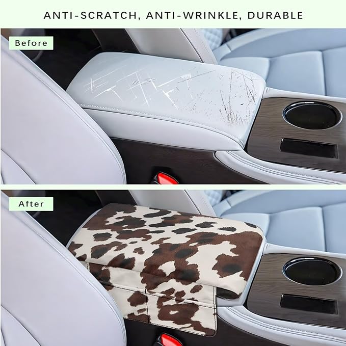 Wanyint Black Brown Cow Print Car Center Console Armrest Cover Anti-Slip Armrest Storage Box Mat Anti-Scratch Middle Console Pad Protective Cover Universal Fit Most Vehicle, SUV, Truck