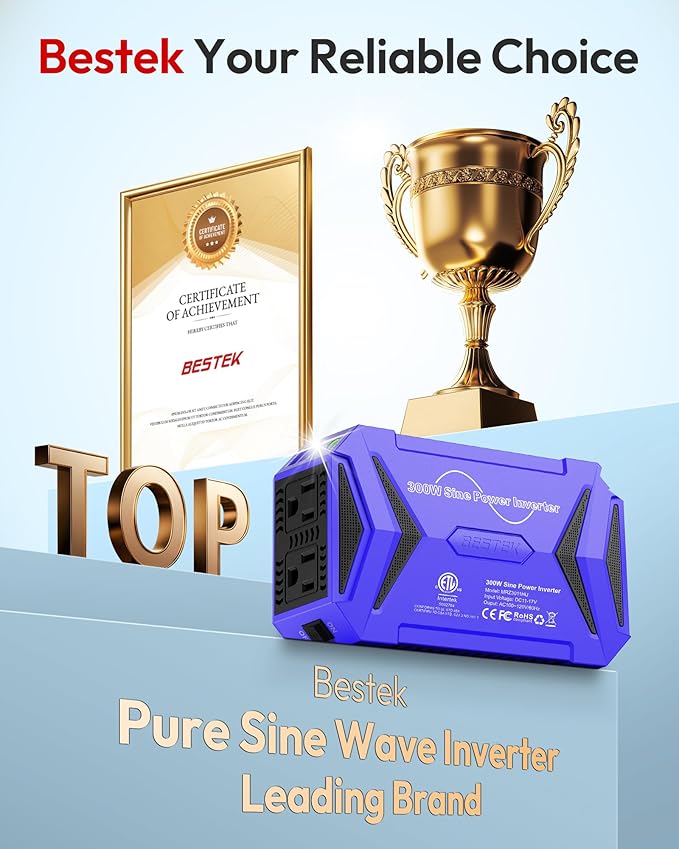 BESTEK Pure Sine Wave Power Inverter - 300W Car Plug in Charger Outlet DC 12V to 110V AC - Cigarette Lighter Adapter with 4.8A Dual USB Fast Charging Ports for Phone, Laptop, Tablet - Blue