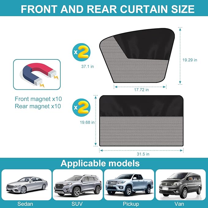 Car Side Window Sun Shades, 4 Pcs Magnetic Car Window Covers for Baby, Half Blackout & Half See-Through Privacy Curtains, Light Blocking&UV Protection Window Screen for Camp, Travel, Nap