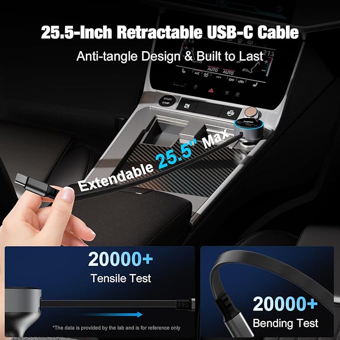 Retractable Car Charger USB C, 90W Phone Cigarette Lighter Adapter USB-C Fast Charging Plug Car Accessories for iPhone 17 16 15 Pro Max, iPad, Android, Built-in Type-C Cable, Gifts for Women Men