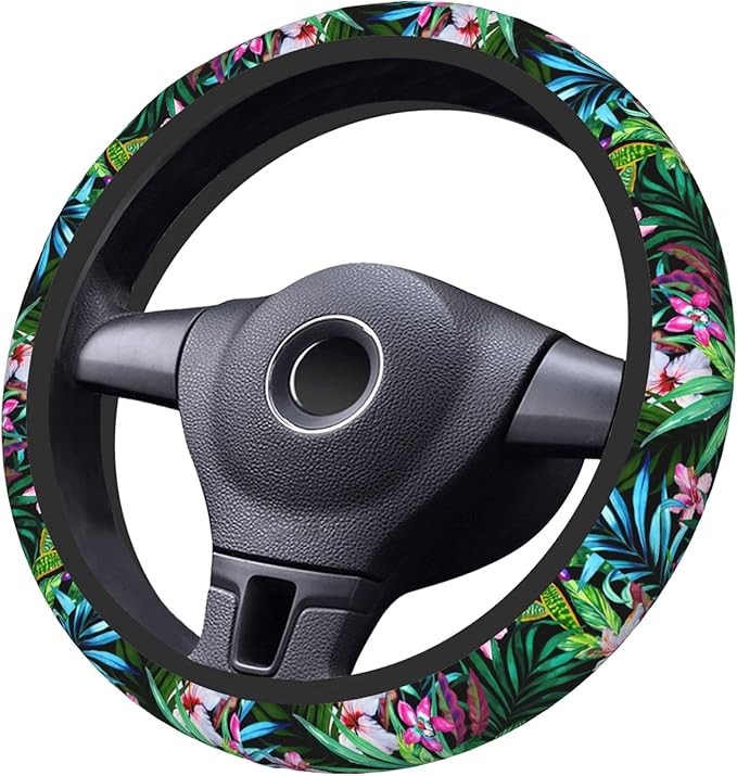 Tropical Car Steering Wheel Cover for Women Frangipani Hibiscus Palms 14-15 Inch Stretch Cloth Anti-Slip Wrap Protector Case Fit Universal Auto Accessories Decor Sweat Absorption (No Tools Needed)