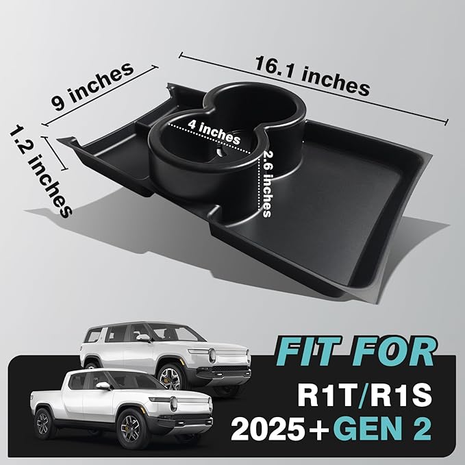 BestEvMod Gen 2 Lower Center Console Organizer Tray Compatible with Rivian R1T R1S 2026 2025 Gen 2 Fit 32oz Bottle Interior Accessories ABS Material with PVC Trim Floor Console Storage (Black)
