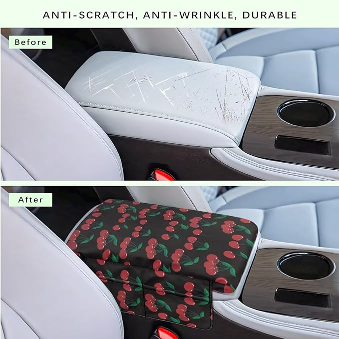 Wanyint Cherry Black Car Center Console Cover Universal Armrest Box Protector Scratch Resistant Wear-Resistant Arm Rest Cover Pad with Pockets Storage Bag Vehicle Accessories