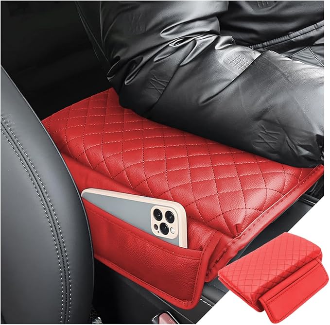 zipelo Car Armrest Cushion, Carbon Fiber Leather Auto Center Console Pad, Memory Foam Armrest Box with Storage Bag, Hand Rest Pillow with Organizer Pockets, Universal Fit for Most Vehicles (Red)