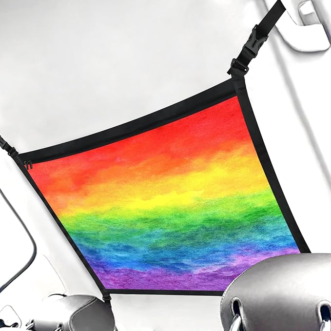 Rainbow Car Ceiling Cargo Net Pocket Hanging Storage Bag with Zipper 31.5"x21.6" Double-Layer Mesh Car Roof Storage Organizer Long Road Trip Truck SUV Travel Camping