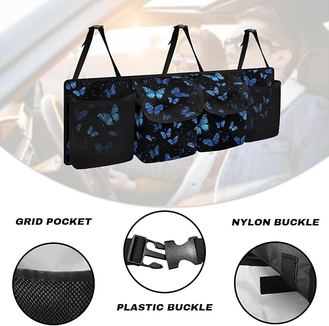 Blue Butterfly Car Trunk Organizer Small SUV Trunk Organizers and Storage with 4 Pockets, Butterfly Car Accessories for Women Car Organization, Leave Room for Buying and Shopping