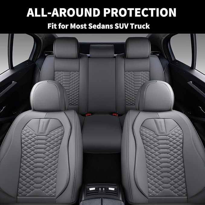 Coverado Car Seat Covers Full Set, Nappa Leather Seat Covers for Cars, 5 Seats Universal Waterproof Seat Covers, Front and Back Car Seat Protector, Automotive Seat Covers Fit for Most Cars, Gray