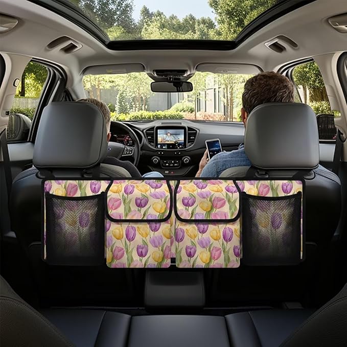 Trunk Organizer Oxford Cloth Car Storage Organizer Keep the Car Clean and Tidy Washable Car Trunk Organizers for Women, Easy to Install and Clean, Tulip Pattern