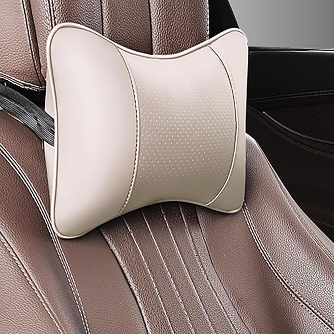 Car Pillow for Car Neck Pillow for Driving Seat Leather Neck Support Soft Cushion Support Head-Rests for Vehicle Sleeping with Elastic Adjustment Strap 2PCS (Neck, Beige)