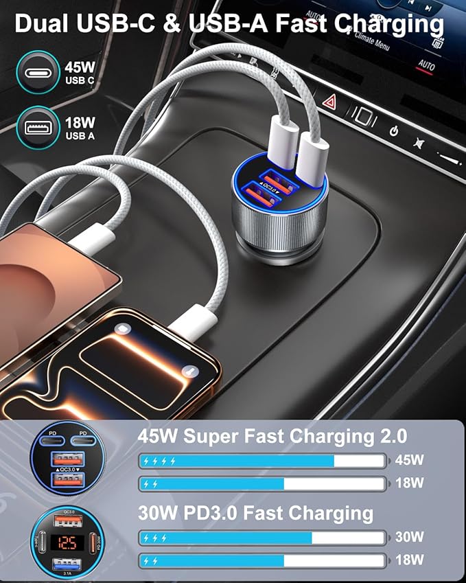 Car Charger USB C, 90W Multi Port Dual 12V Cigarette Lighter USB Charger QC 3.0/PD 45W Super Fast Charging Car Phone Charger Plug Adapter for iPhone 17 16e 15 14 13 12 Pro Max Pad Android(Gray)