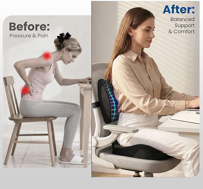 Seat Cushion Lumbar Support Pillow for Office Chair, X Large Memory Foam Chair Cushions for Sciatica Tailbone Pain Relief Coccyx Pad for Wheelchair, Car, Home, Office, Desk