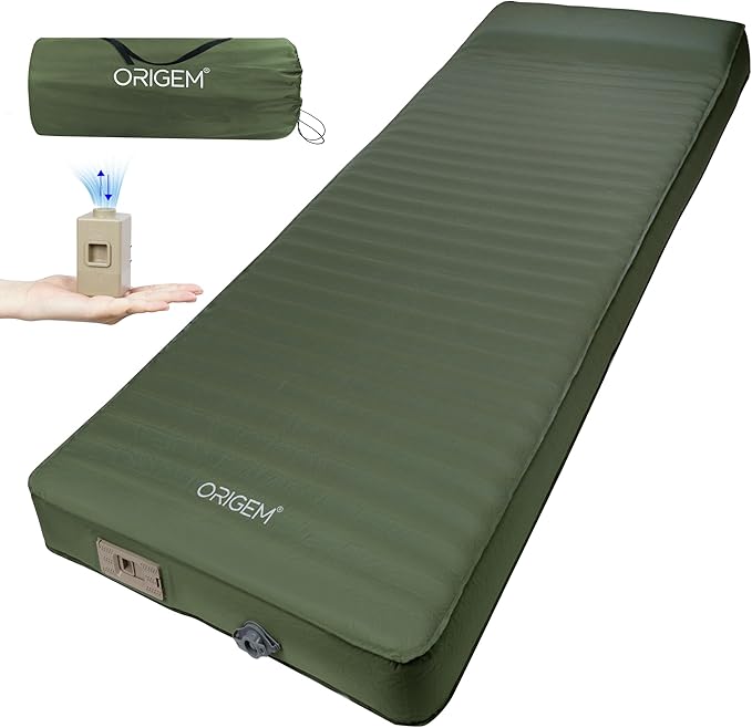 Origem Self Inflating Sleeping Pad with Electric Pump, 4" Ultra-Thick Memory Foam Camping Mattress, Foam Campinging Mat for Tent, Camping,Traveling and Car, Easy to Inflate and Deflate (Green)
