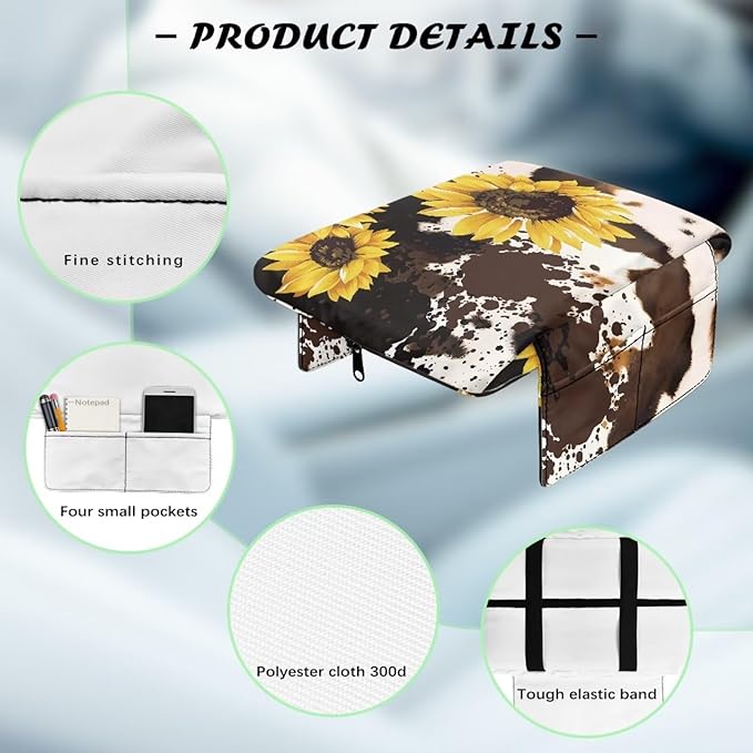 Wanyint Sunflower Brown Cow Print Auto Center Console Cover Non-Slip Armrest Cover Cushion Protector Wear-Resistant Arm Rest Cushion Protective Cover Universal Fit for Car Seat Organizer