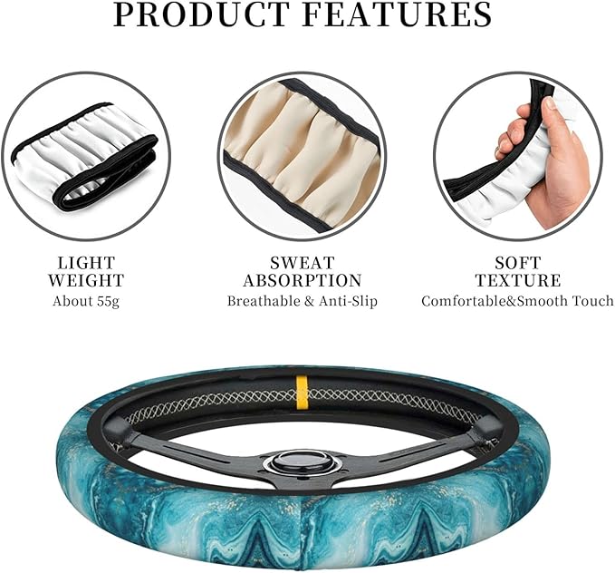 Light Blue Marble Auto Car Steering Wheel Cover Universal 15 Inch Neoprene Interior Decor Protection Accessories