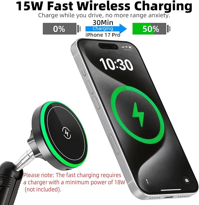 15W Magnetic Wireless Charging Phone Mount with Aluminum Double Socket Arm & 17mm/0.67" Ball -Replacement Base for Car Air Vent, Dashboard, Windshield Holder, Compatible with MagSafe iPhone