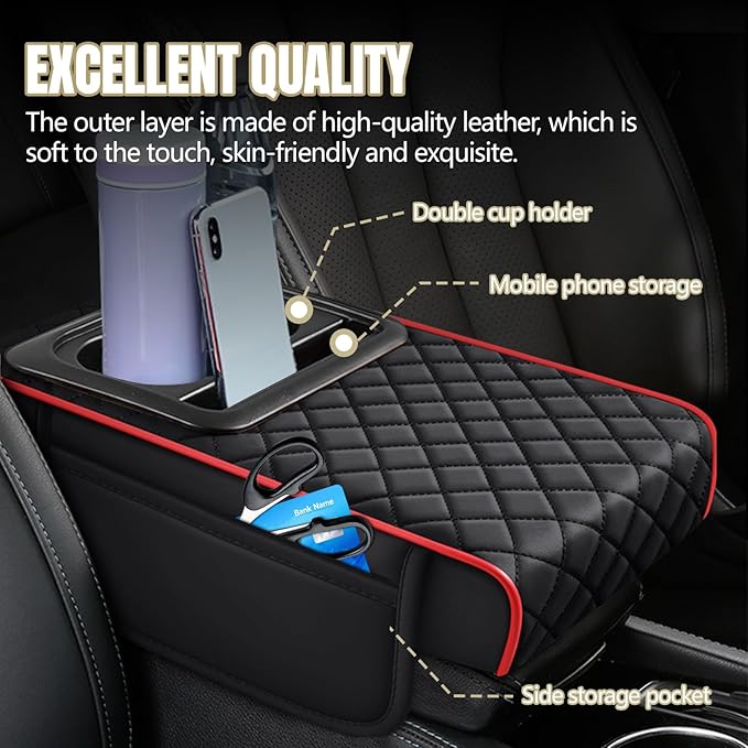 Hovom Car Center Console Cover, 13.39"×7.87"×2.76" Leather Armrest Cover for Cars, Memory Foam Armrest Pillow with Pocket, Cup Holder & Phone Slot, Universal Vehicle Arm Rest Cushion Pad (Black+Red)