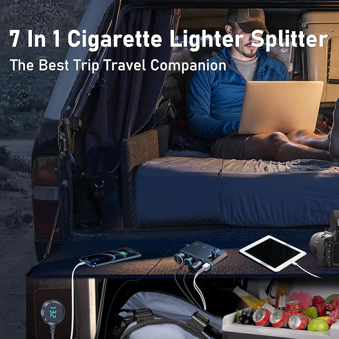 7 in 1 Cigarette Lighter Splitter, Tendak 150W Car Adapter with PD30W Type-C & 2 USB Charging Ports, LED Voltmeter, Independent Switches, Plug Outlet 12V/24V (3.3ft Cable)