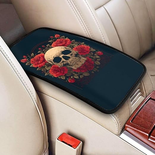 Skull with Red Roses Car Auto Armrest Cushion Cover Accessories Center Console Seat Box Pad Protector Universal Decoration for Most Vehicle SUV Truck