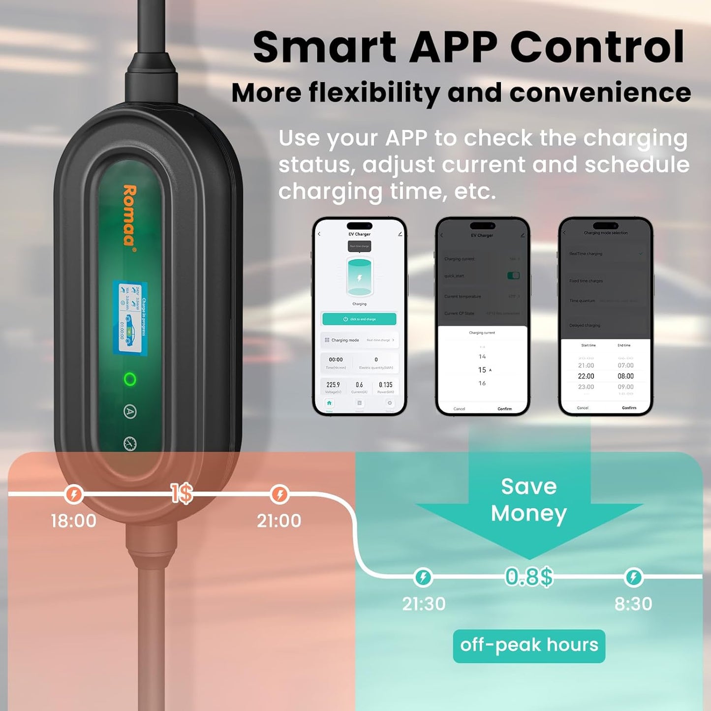 Level 1&2 Portable EV Charger (APP Control & Timer), Adjustable 8-16A 110V-240V, Dual Plugs: NEMA 6-20 & 5-15, 25FT Charging Cable w/ J1772 Connector, ETL/FCC Certified for All EVs/PHEVs