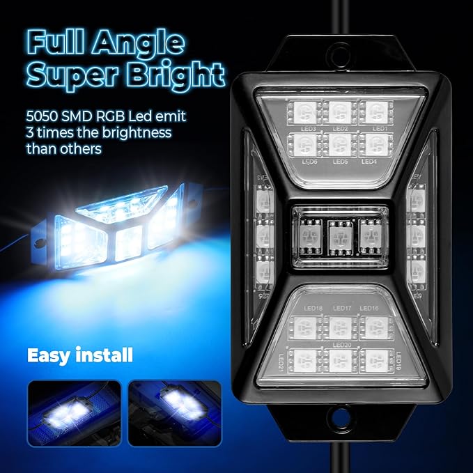 10 Pods Full Angle RGB Rock Lights Compatible with 12V Trucks Jeep UTV SUV ATV Boat Golf Cart, Waterproof Multi-Color, App/Remote Control Led Rock Lights with Music Mode(Patented)