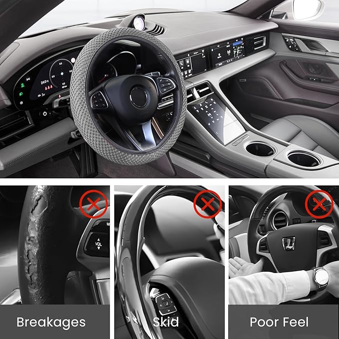 Elastic Stretch Car Steering Wheel Cover, Comfortable Steering Wheel Cover Universal for 14.5-15 Inch, Warm in Winter & Cool in Summer, Anti-Slip Breathable Ice Silk (Gray)