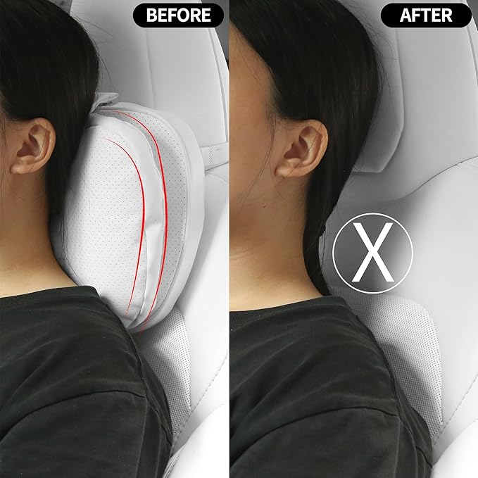 Car Headrest Pillow for Driving, Dual-Sided Leather Design Neck Pillow, Breathable Softness Neck Support, Universal Fit Head Rest Travel Pillow, White, 2 Pack