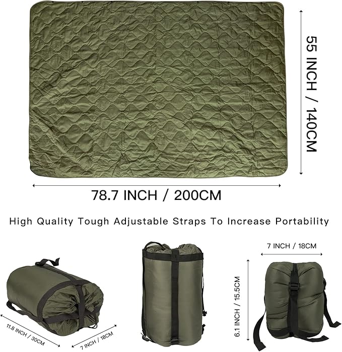 Military Poncho Liner 55”x 79” Camping Blanket Compact Waterproof for Travel Stadium Outdoor Camping