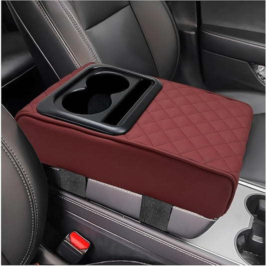 Car Center Console Armrest Pillow, Memory Foam Auto Armrest Box Cover with Cup Holder & Phone Holder, Waterproof Leather Arm Rest Protector Cushion, Interior Car Accessories (Diamond, Wine Red)