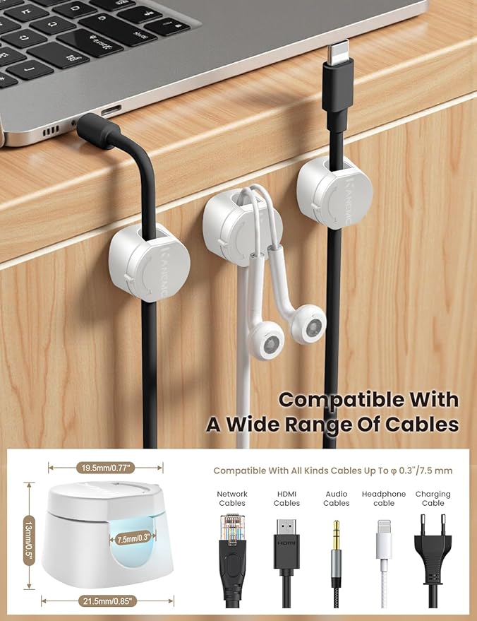 Kanemc Cable Clips Cord Holder for Desk, 360° Spin Magnetic Wire Organizer Self Adhesive Cord Management for Office Desks Cars Home Kitchen Electronic Accessory (White, 9 PCS)