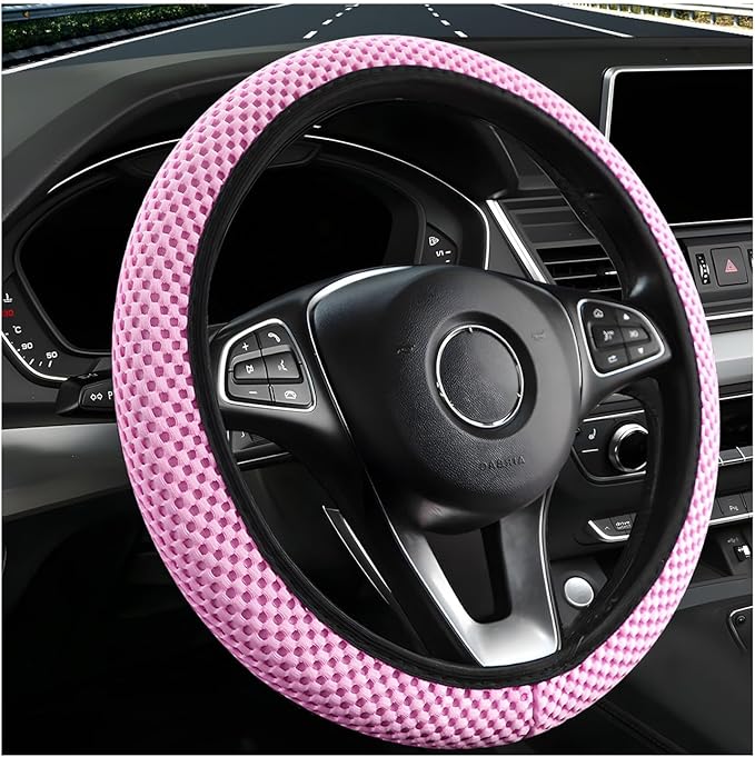 Elastic Steering Wheel Cover, 15"×15" Breathable Ice Silk Steering Wheel Protector, Universal Auto Wheel Wrap Anti-Slip Soft Cover for Ultimate Comfort, Car Accessories (Pink)