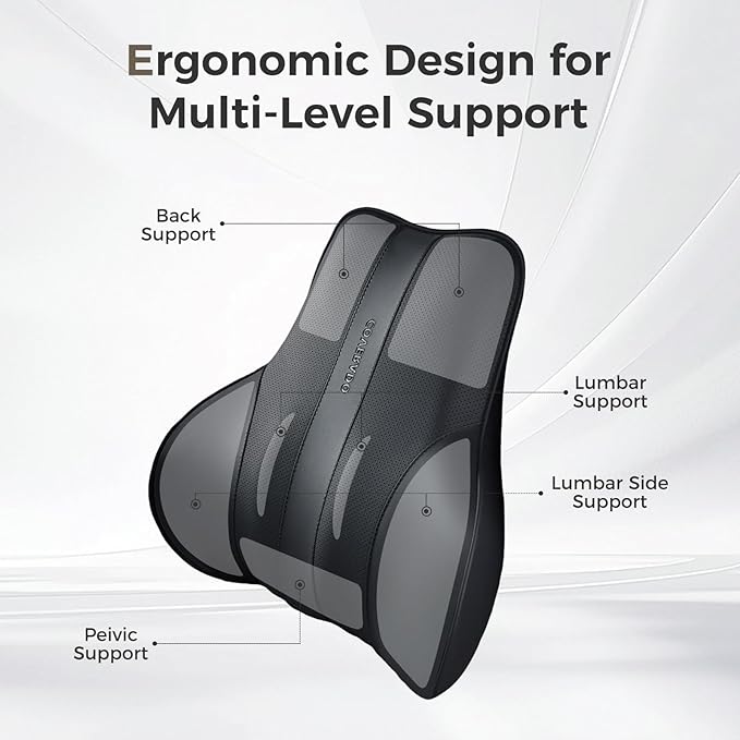 Coverado Lumbar Support Pillow for Car, Ergonomic Memory Foam Back Pillow for Office Chair, New Back Cushion for Pain Relief, PU Leather Car Lumbar Support for Driving Seat Black