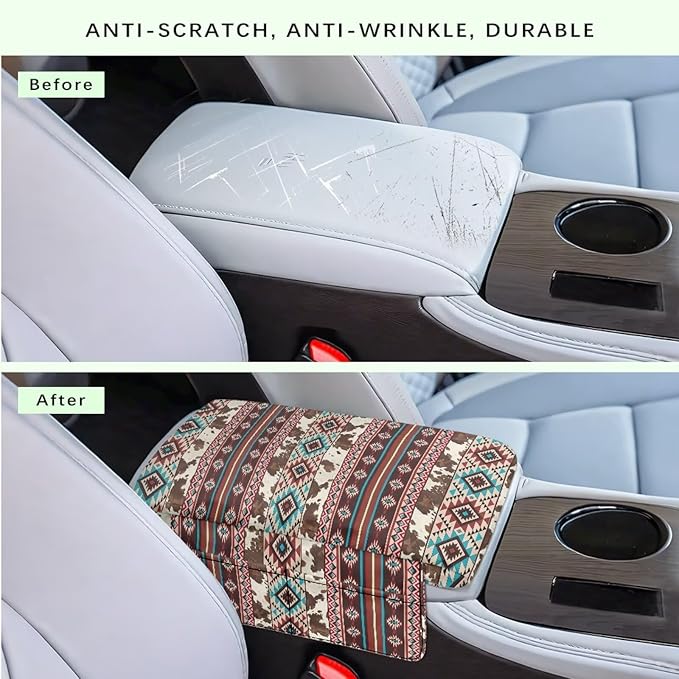 Wanyint Aztec Brown Cow Print Car Center Console Cushion Cover Comfortable Armrest Seat Box Lid with Organizer Pockets Anti-Scratch Arm Rest Covering Suitable for Most Cars SUVs Trucks
