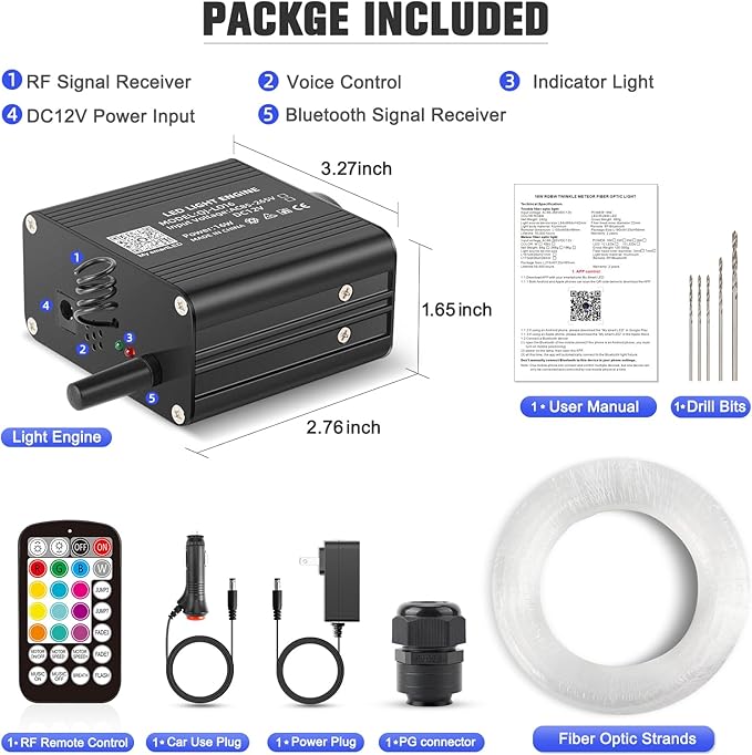 16W Twinkle Starlight Headliner Kit, 260pcs*0.03in*6.5ft Fiber Optic Strands Bluetooth APP/Remote/Music Control, RGBW Car Star Ceiling Light Kit+Adapter+Car Use Plug for Home/Theater