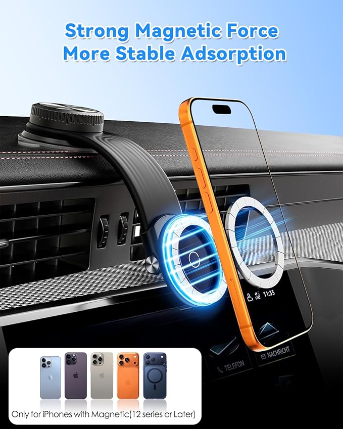 CloudValley for MagSafe Car Mount Detachable, 360° Adjustable Memory Alloy Arm Bendable Car Mount, Phone Holders for Car Dash Compatible with iPhone 17/16/15/14/13/12 & All Smartphones