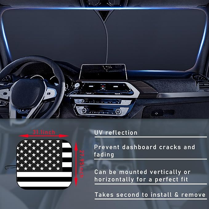 Ziciner 2 PCS Car Windshield Sun Shade, Auto Sun Heat and UV Rays Blocker, 28"×31" Foldable Automotive Front Window Sunshade Protector, Universal Vehicle Interior Accessories (Black Flag-M)