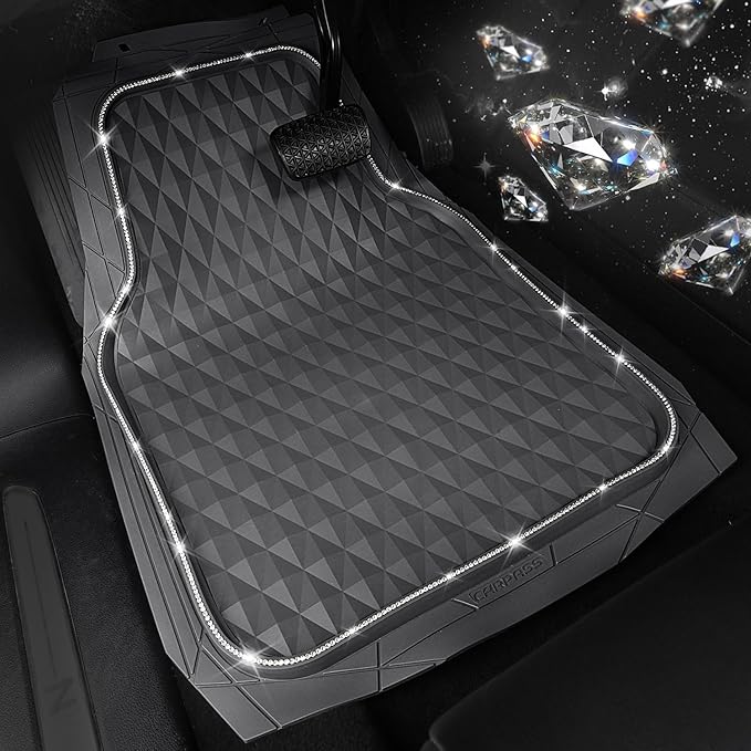 CAR PASS Bling Diamond Rubber Car Mats, Heavy Duty Deep Dish All-Weather Floor Mat Full Set Anti-Slip 3D Rhombus Waterproof Trim Fit Liner Universal Glitter Sparkly Shining Rhinestone, Gray Rubber