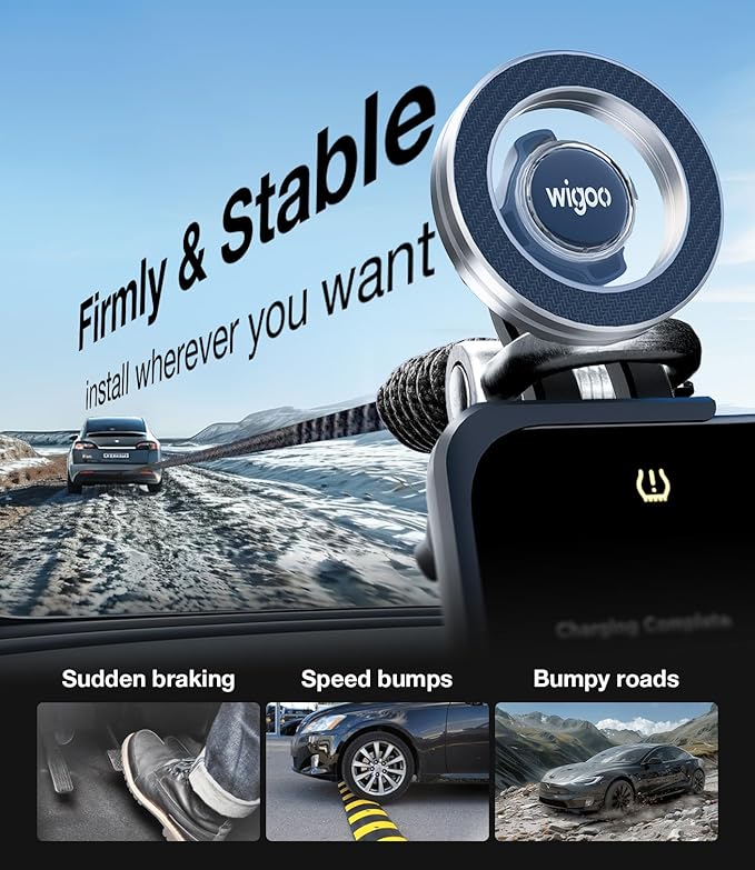Wigoo Magnetic Phone Mount for Tesla Model 3/Y/S/X Accessories, 【Strongest Magnet & No Blocking View】 Screen Side Magnetic Holder for Magsafe iPhone 17-12 & Android - Clamp (No Glue)