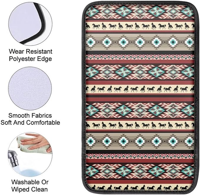 JoyLamoria Aztec Southwestern Horse Car Center Console Armrest Cover Non Slip Auto Arm Rest Cushion Pads Armrest Protector for Women