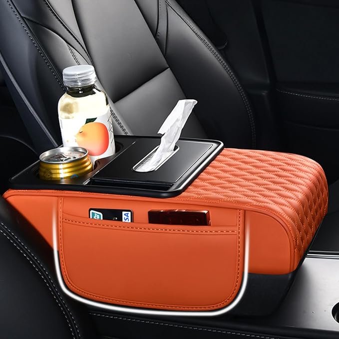 Car Center Console Armrest Pad, Arm Rest Box Cushion with Ergonomic Height Boost, Storage Pockets, Built-in Tissue Box, Cupholder, Fit for Most Sedan Vehicles (Embroidery Water Ripple, Deep Orange)