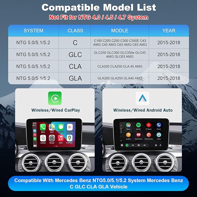 Wireless Carplay Retrofit Kit Decoder Module for Mercedes Benz NTG5.0 B C GLC CLA GLA Class W205 2015-2018 Year, Support Wireless Android Auto, Reverse Camera, Original Car OEM Control