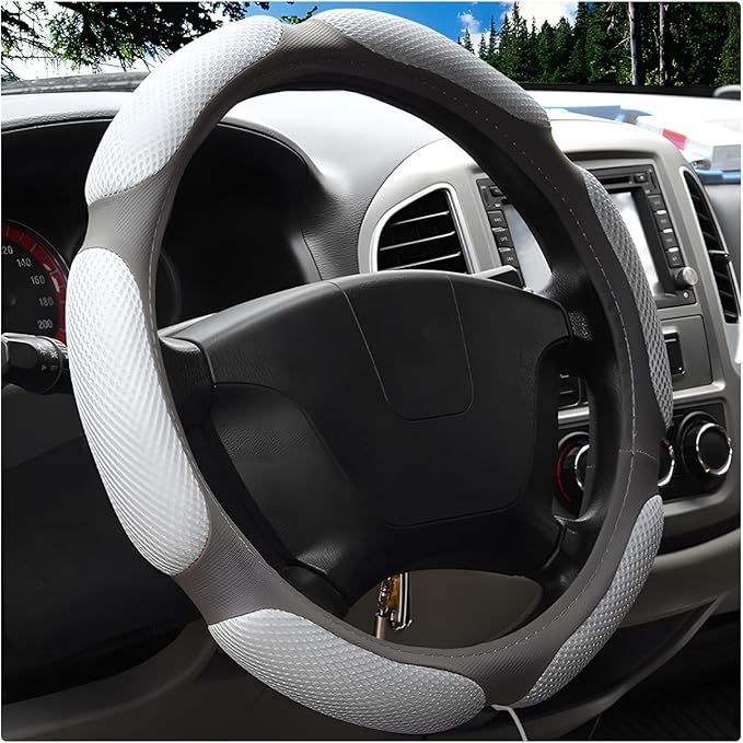 Car Steering Wheel Cover, 15" Breathable Ice Silk Auto Wheel Protector with Comfortable Grip, Anti-Slip Slip-on Steering Wheel Wrap Soft Hand Pad Cushion for Women Men (Gray)