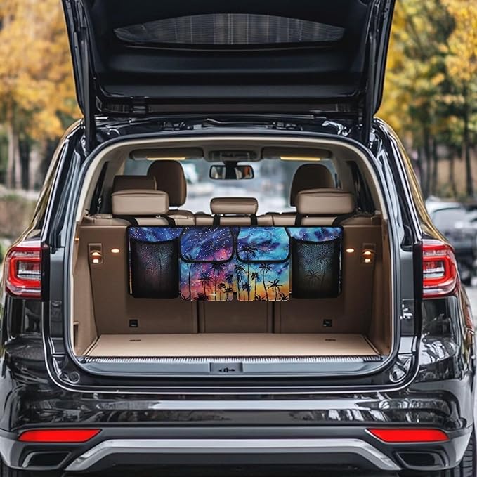 Sunset Palm Tree Car Backseat Hanging Trunk Organizer for SUV Car Storage Bag with 4 Pockets Multipurpose Adjustable Auto Interior Accessories