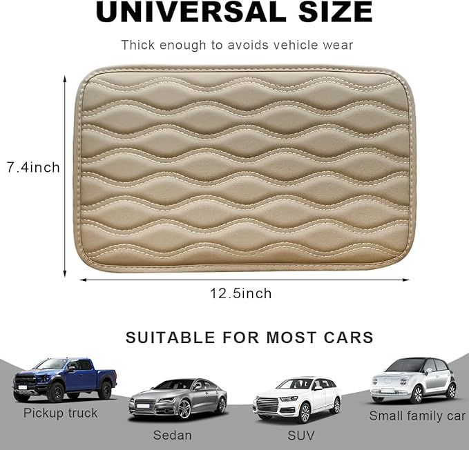 Car Center Console Cushion Pad, 12.48×7.40 Inches Waterproof Car Armrest Seat Box Cover, Comfortable PU Leather Vehicle Armrest Cover Protector, Car Decor Interior Accessories (Beige)