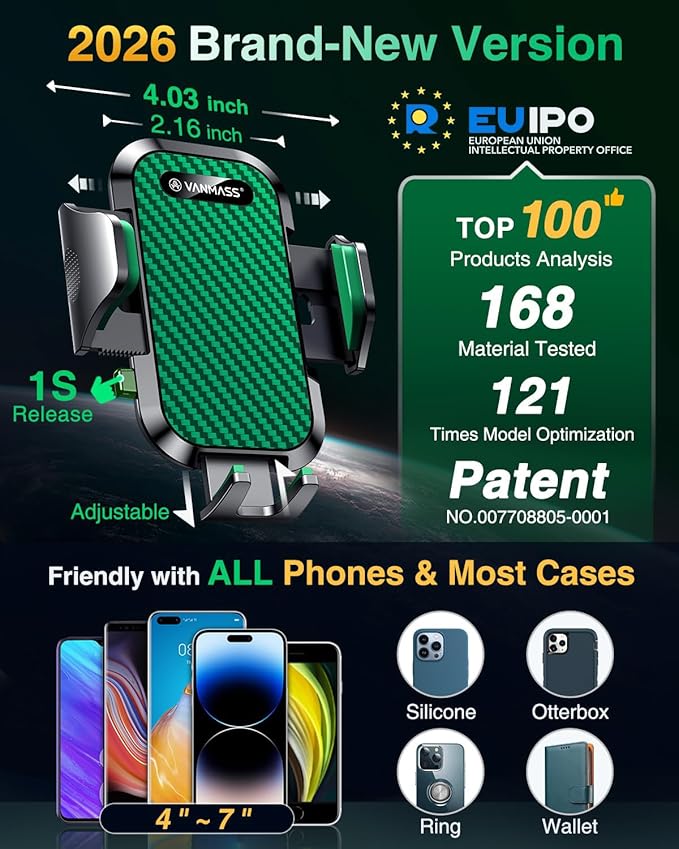 VANMASS Phone Holders for Your Car Ultimate Military-Grade Car Phone Holder Mount【Patent & Safety Certs】 Upgraded Shockproof Truck Air Vent Phone Mount for iPhone 17 Pro Max 16 Samsung Android,Green